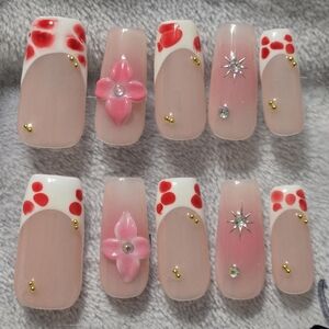Handmade Pink Floral French Tip Press-On Nails | 3D Flower | Bling Accent | Medi